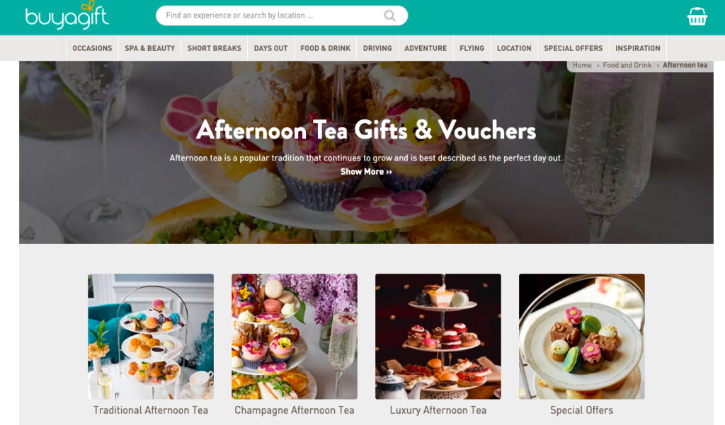 types of afternoon tea experiences available at buyagift.co.uk.